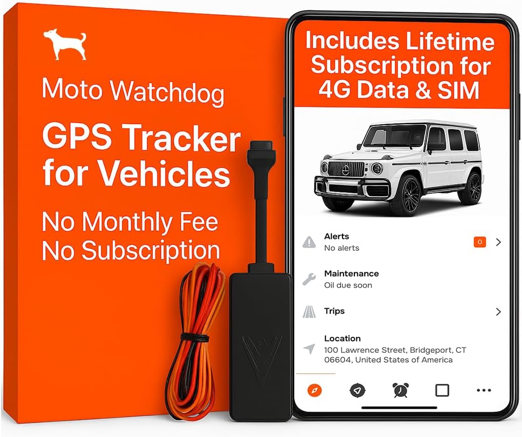 Wired GPS Tracker for Vehicles, No Monthly Fee, No Subscription, 4G SIM and Data Included, Mileage Tracking, Business Fleets, Quick Install, Speeding Alerts, Trip History, USA Developed, Moto Watchdog